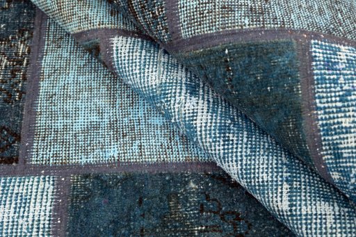 Full view of 1960s Patchwork rug from Iran / Persia, 240 × 170 cm in Blue tones
