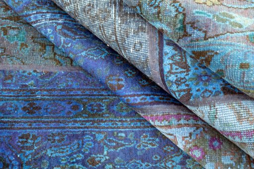 Full view of 1960s Patchwork rug from Iran / Persia, 240 × 170 cm in Blue tones