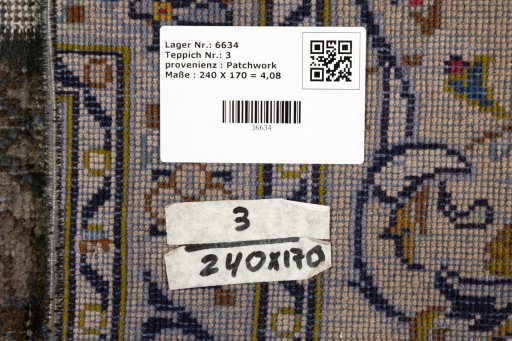Corner detail of 1960s Patchwork rug showing border pattern and Wool pile