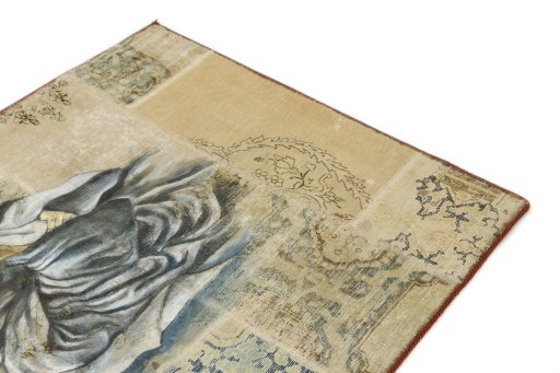 Surface texture of 1960s Patchwork rug with natural Wool and intricate pattern