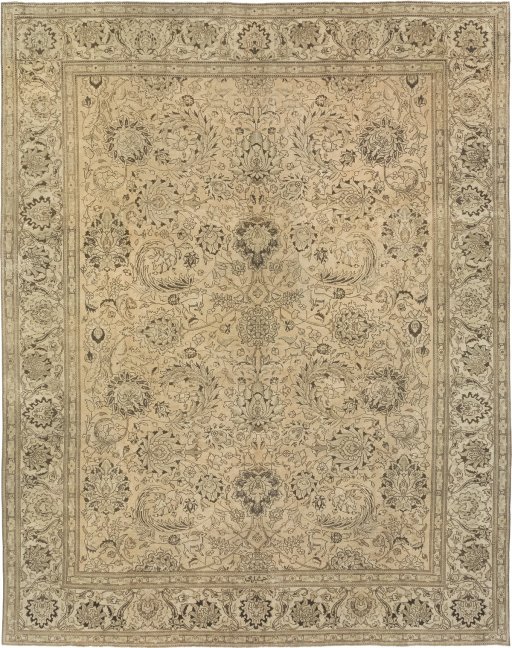 Full view of 1940s Vintage rug from Iran / Persia, 375 × 300 cm in Cream tones