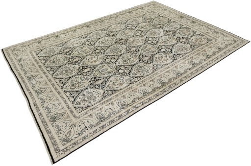 Corner detail of 1990s Vintage rug showing border pattern and Silk pile