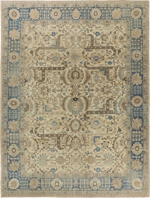 Full view of 1920s Vintage rug from Iran / Persia, 375 × 290 cm in Cream tones