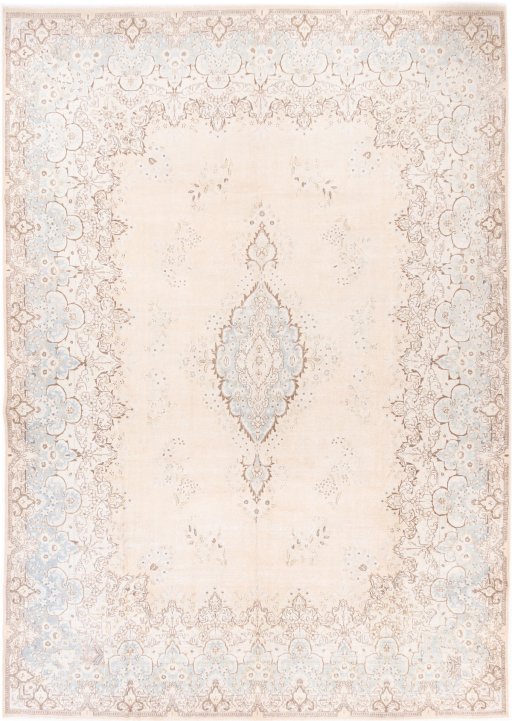 Full view of 1950s Vintage rug from Iran / Persia, 415 × 295 cm in Cream tones