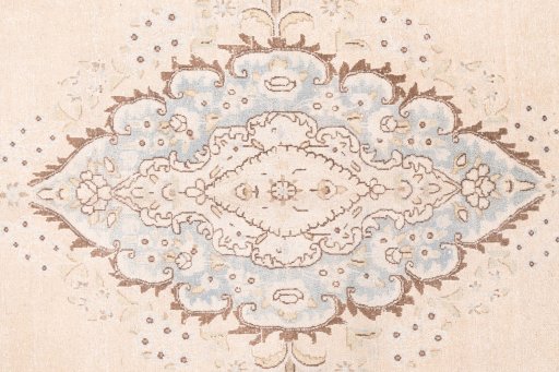 Full view of 1950s Vintage rug from Iran / Persia, 415 × 295 cm in Cream tones