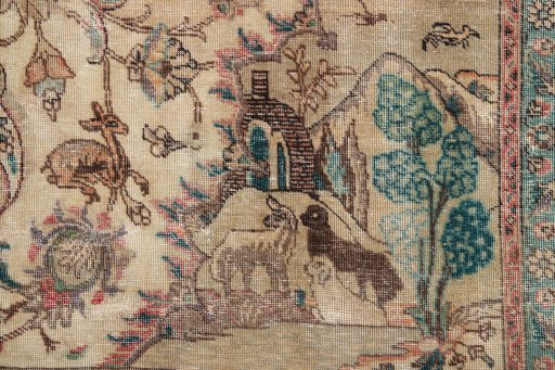 Backside of handmade 1980s Vintage rug showing knot structure and weave density