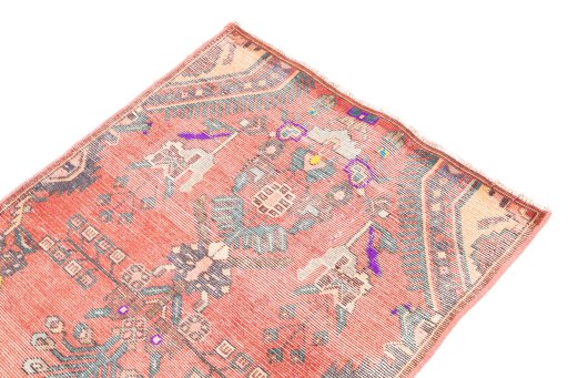 Surface texture of 1975s Vintage rug with natural Wool and intricate pattern