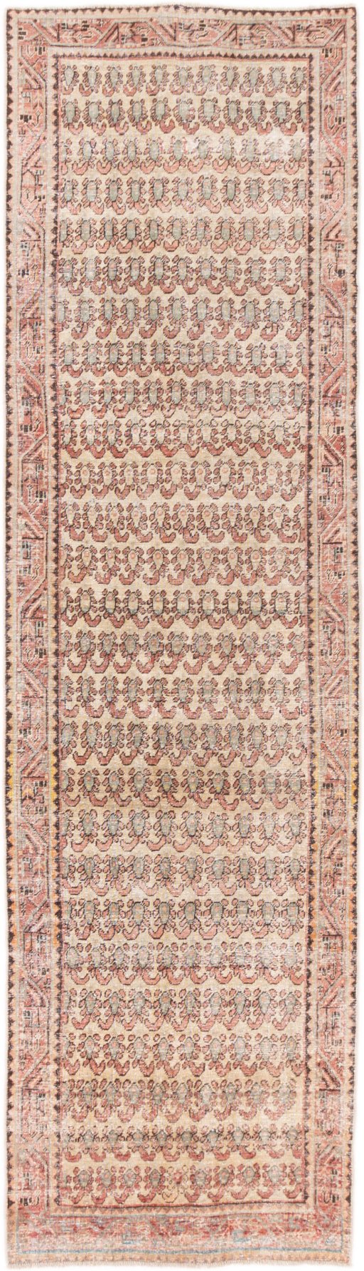 Full view of 1976s Vintage rug from Iran / Persia, 370 × 103 cm in Cream tones