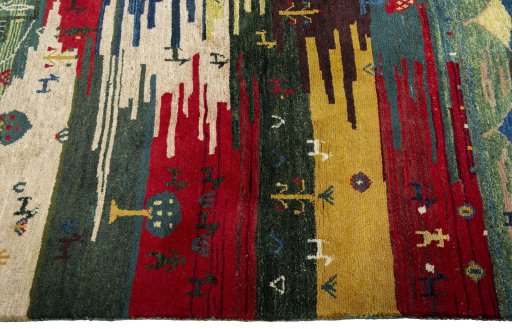 Close-up detail of 2000s Persian Gabbeh rug from Pakistan showing Wool weave