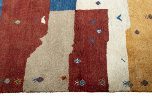 Close-up detail of 2000s Persian Gabbeh rug from Pakistan showing Wool weave