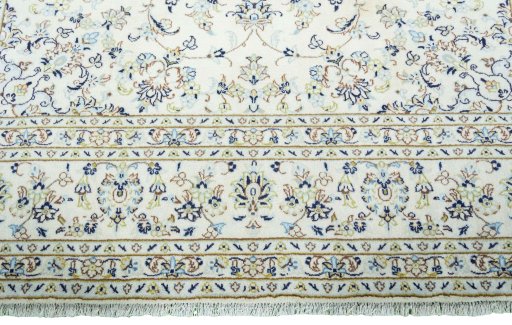 Full view of New Kashan rug from Iran / Persia, 356 × 246 cm in Beige tones