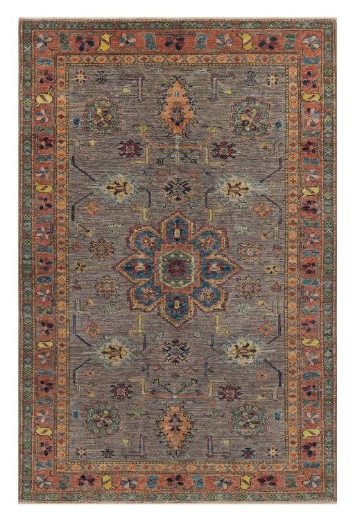 Full view of New Kazak rug from Pakistan, 192 × 125 cm in Gray tones