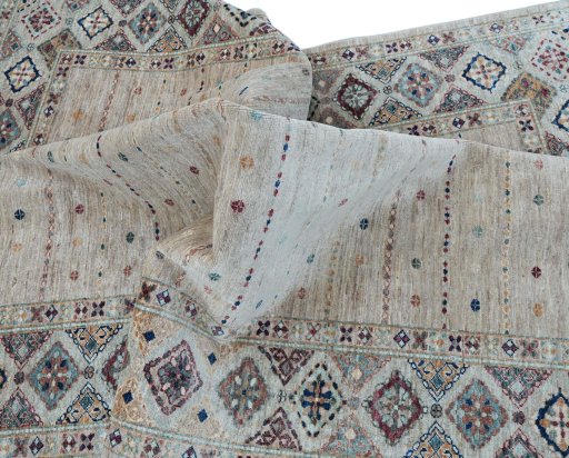 Full view of New Samarkand rug from Pakistan, 236 × 169 cm in Beige tones