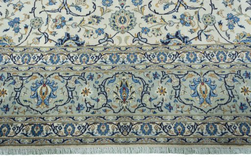 Full view of 2000s Kashan rug from Iran / Persia, 405 × 300 cm in Beige tones