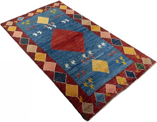 Close-up detail of 2000s Persian Gabbeh rug from Pakistan showing Wool weave
