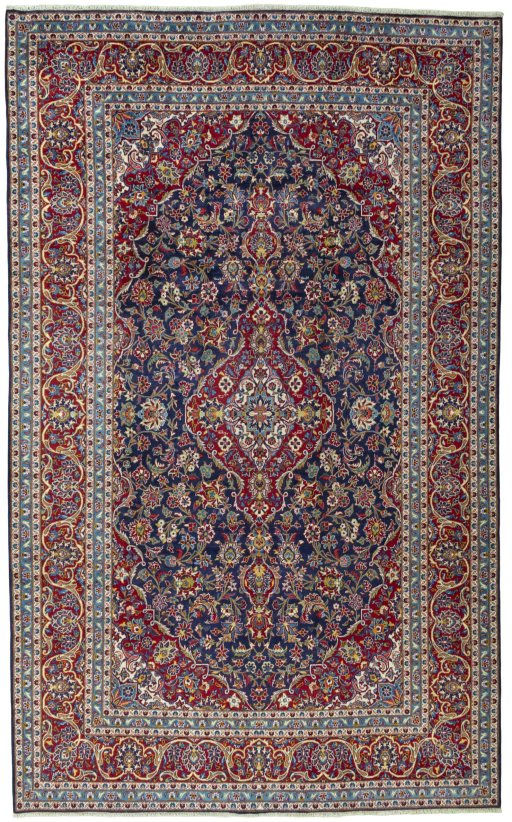 Full view of 2000s Kashan rug from Iran / Persia, 407 × 249 cm in Blue tones