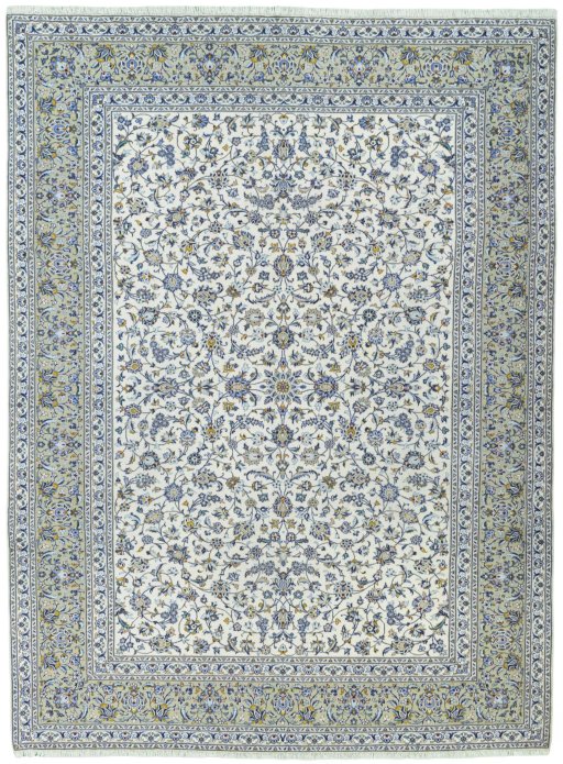 Full view of 2000s Kashan rug from Iran / Persia, 378 × 281 cm in Beige tones