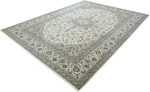 Corner detail of 2000s Kashan rug showing border pattern and Wool pile