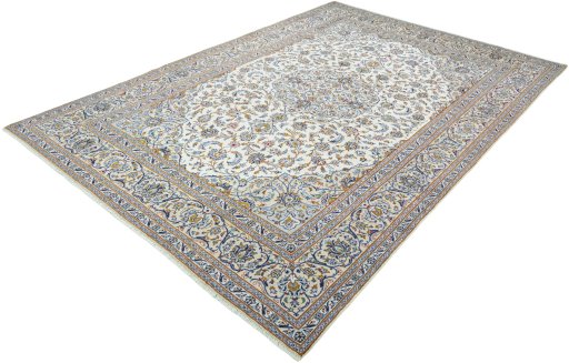 Corner detail of 2000s Kashan rug showing border pattern and Wool pile