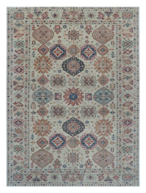 Full view of New Kazak rug from Pakistan, 371 × 272 cm in Beige tones