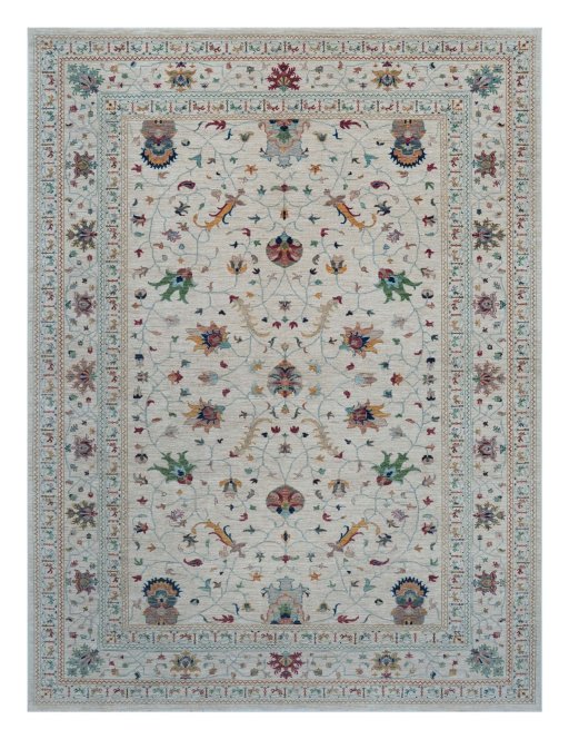 Full view of New Farahan rug from Pakistan, 404 × 303 cm in Beige tones