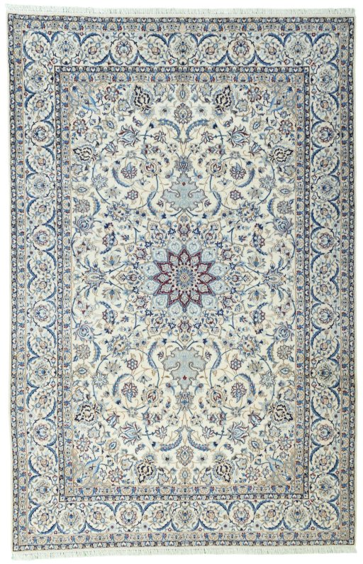 Full view of 2000s Nain rug from Iran / Persia, 323 × 211 cm in Beige tones