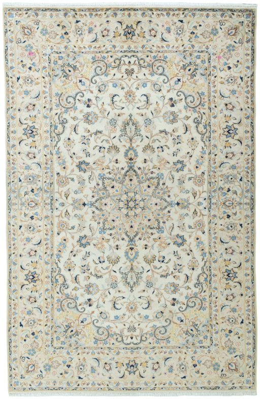 Full view of New Kashan rug from Iran / Persia, 295 × 190 cm in Beige tones