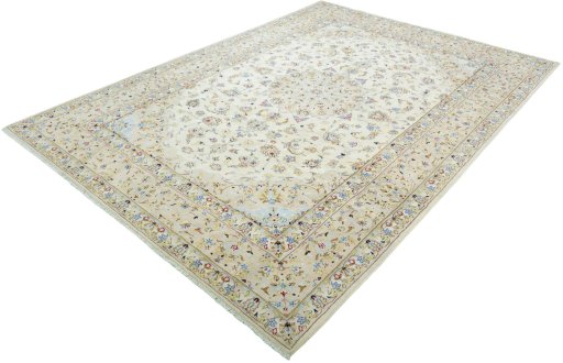 Corner detail of New Kashan rug showing border pattern and Wool pile