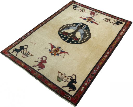 Corner detail of 2000s Persian Gabbeh rug showing border pattern and Wool pile