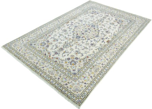 Corner detail of New Kashan rug showing border pattern and Wool pile