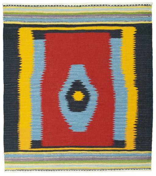 Full view of New Kilim Sofre rug from Turkey, 111 × 98 cm in Multi Color tones