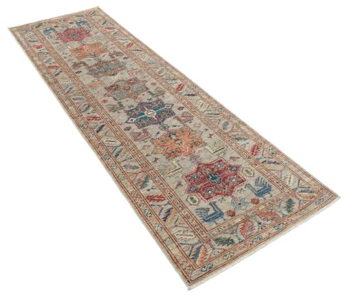 Corner detail of New Kazak rug showing border pattern and Wool pile