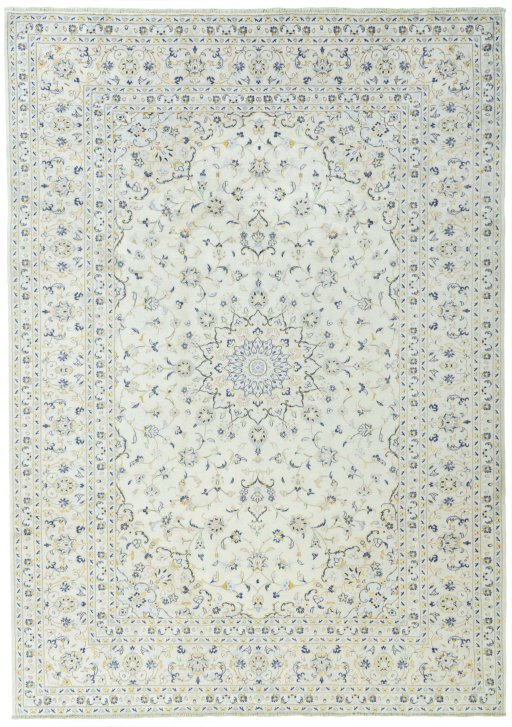 Full view of 2000s Kashan rug from Iran / Persia, 349 × 249 cm in Beige tones