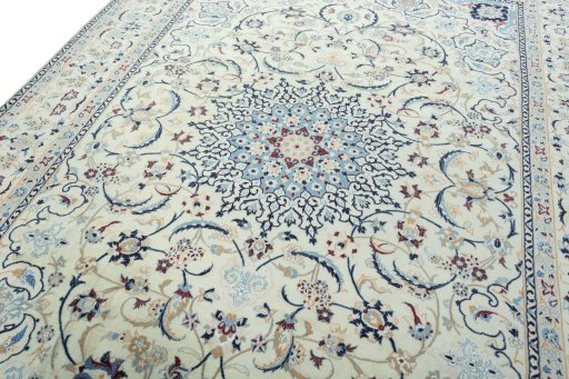 Backside of handmade 2000s Nain rug showing knot structure and weave density