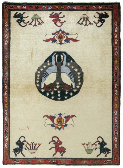 Full view of 2000s Persian Gabbeh rug from Iran / Persia, 148 × 109 cm in Beige tones