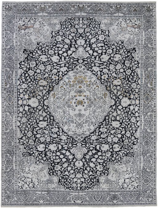 Full view of 1990s Cashmere Silk rug from India, 327 × 243 cm in Gray tones