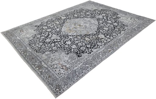 Corner detail of 1990s Cashmere Silk rug showing border pattern and Silk pile