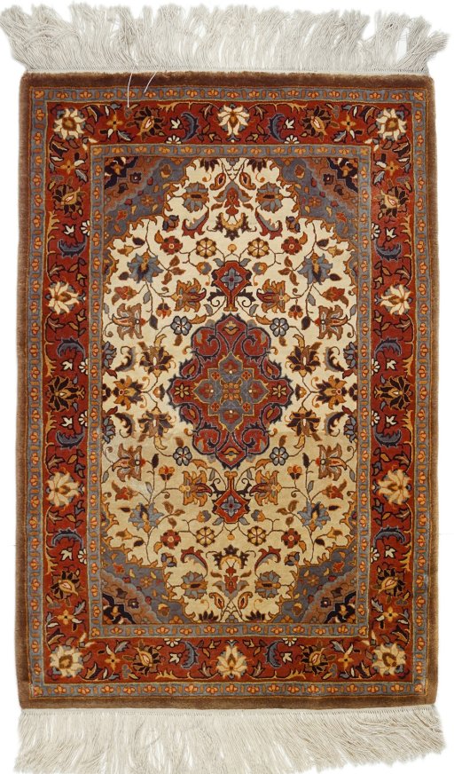 Full view of 2000s China Silk rug from China, 94 × 63 cm in Cream tones