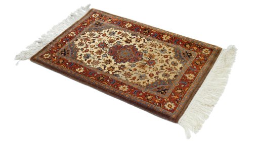 Corner detail of 2000s China Silk rug showing border pattern and Silk pile