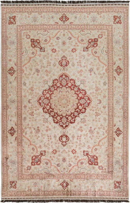 Full view of 1950s Istanbul Silk rug from Turkey, 188 × 122 cm in Cream tones