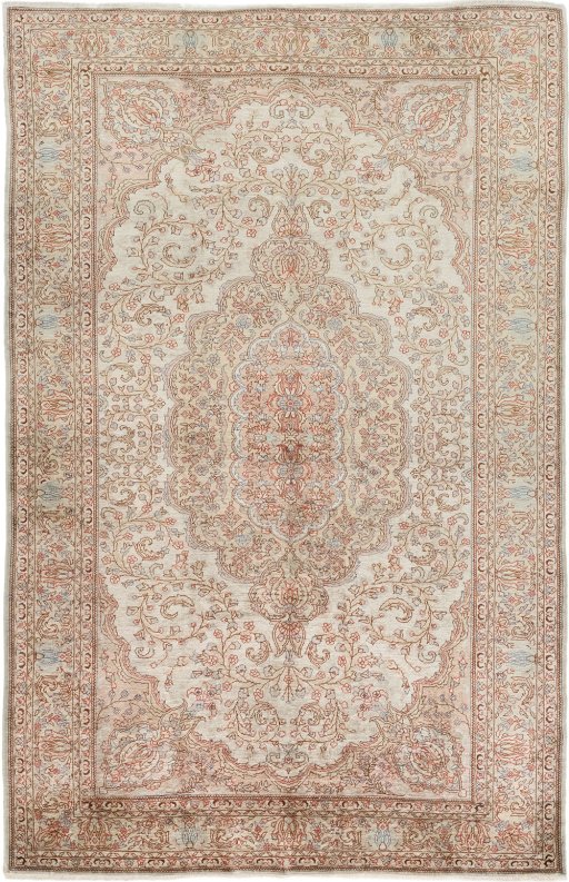Full view of 1920s Istanbul Silk rug from Turkey, 206 × 124 cm in Cream tones