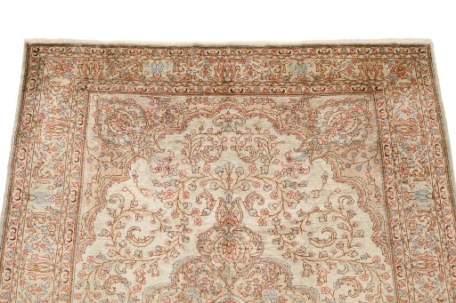 Surface texture of 1920s Istanbul Silk rug with natural Silk and intricate pattern
