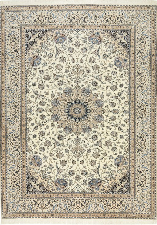 Full view of 1980s Nain Silk rug from Iran / Persia, 421 × 315 cm in Cream tones