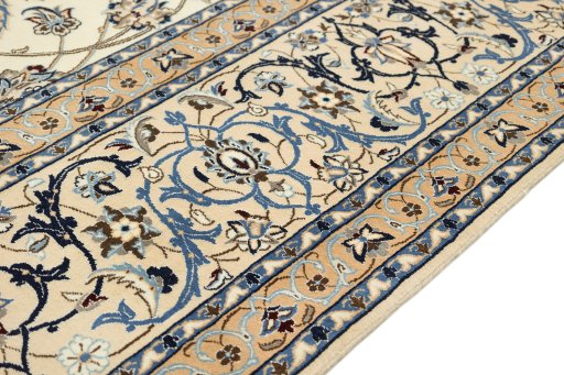 Full view of 1980s Nain Silk rug from Iran / Persia, 421 × 315 cm in Cream tones