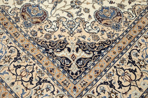 Corner detail of 1980s Nain Silk rug showing border pattern and Wool pile