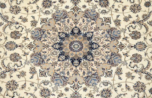 Close-up detail of 1980s Nain Silk rug from Iran / Persia showing Wool weave