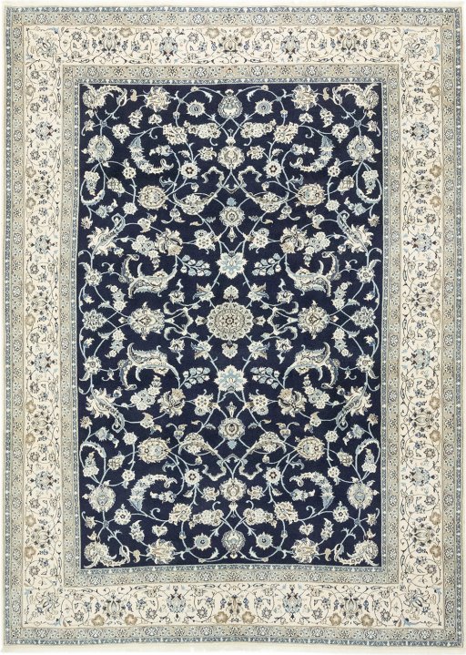 Full view of 1990s Nain Silk rug from Iran / Persia, 360 × 250 cm in Dark blue tones