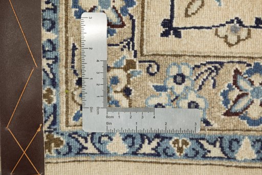 Full view of 1990s Nain Silk rug from Iran / Persia, 360 × 250 cm in Dark blue tones
