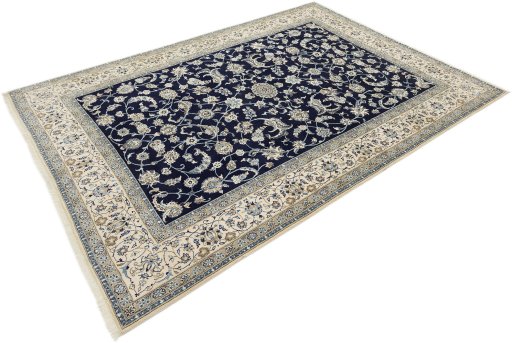 Corner detail of 1990s Nain Silk rug showing border pattern and Wool pile