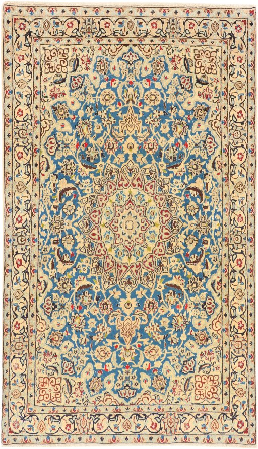 Full view of 1990s Nain Silk rug from Iran / Persia, 191 × 109 cm in Blue tones